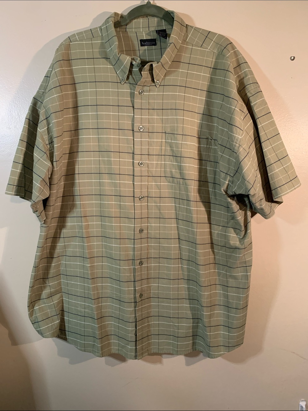 Men's Sage Green Plaid Short-Sleeve Button-Down Shirt Van Heusen 3XLT
